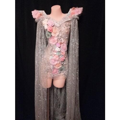 V41 Singer stage dance wears performance flower dress pearl Silver grey glitter skirt catwalk show dance costume bar tail dress