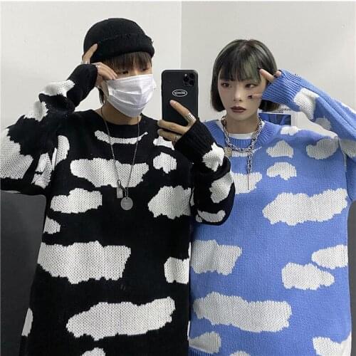 Japanese Spring Women Sweater Harajuku Vintage Cloud printing Loose Long Fashion Top O-Neck pullover Cute Girly knitted Sweaters