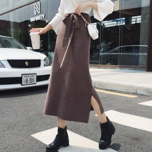 Limiguyue Women Lace Up Midi Long Sweater Skirt Elastic High Waist tie bow knitted skirts Autumn Winter Female Split Skirt K556