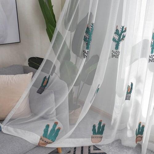 Blue Cactus Embroidered Blackout Curtains for Bedroom Kids Children Cartoon Nursery Sliding Glass Door Drapes JS179C