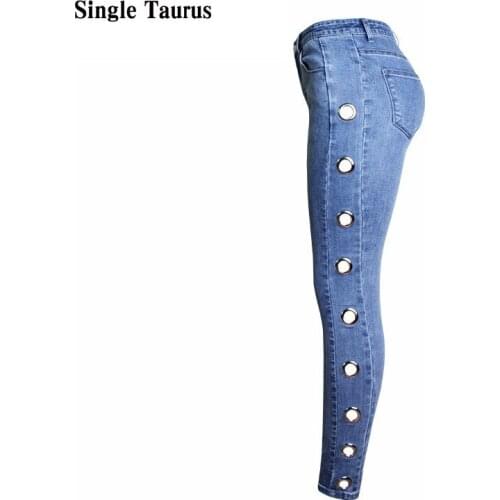 Gold Plated Eyelet Streetwear Skinny Jeans Woman Blue Vintage Womens Jeans Denim Women Clothes Elasticity Push Up Ropa Mujer