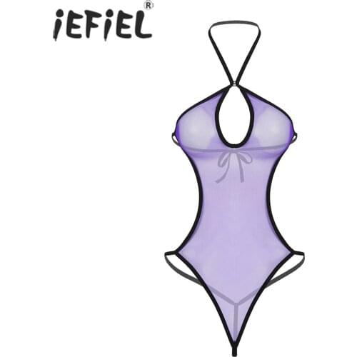 Women Skinny Halter Neck Bodysuit See-through Mesh Jumpsuit Backless Leotard Teddies Female Lingerie Sissy Nightwear Clubwear