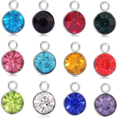 6mm Stainless Steel Crystal Birthstone Charms Pendant Fit DIY Original Bracelet Pendant Necklace Women Jewelry Making