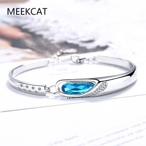 925 Sterling Silver New Bangle Bracelet Fashion Female Models Cute Vintage Super Flash Wild Blue Crystal Jewelry