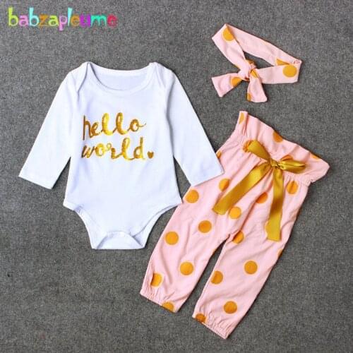 Babzapleume Spring Autumn Newborn Clothing Sets 1st Birthday Baby Girls Clothes Letter Cotton Rompers+Pants+Headband 3PCS BC1418