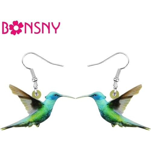 Bonsny Acrylic Green Hummingbird Earrings Print Big Cute Bird Animal Dangle Drop Jewelry For Women Kids Fashion Gift Accessories