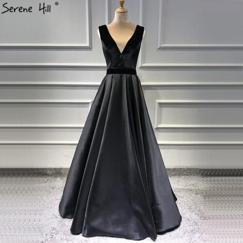 Black Velour Sleeveless A-Line Sexy Evening Dresses 2020 Real Photo Deep-V Simple Formal Dress Serene Hill DLA60951
