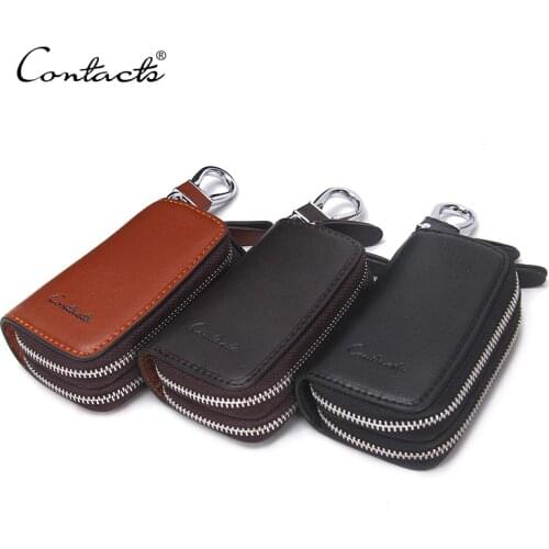 CONTACTS Classic New Double Zip Mens Genuine Cow Leather Car Key Holder Multifunction Housekeeper High Class Motor Key Case