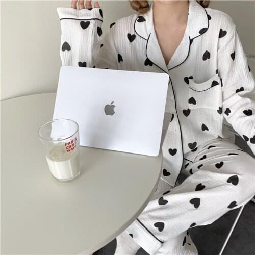 Crepe 100% cotton homewear long sleeve spring autumn pajama set love heart blouses pants 2 piece set trousers sleepwear Y944
