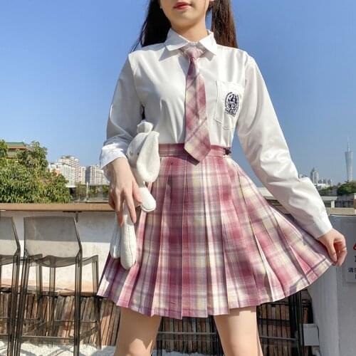 JK uniform cotton Japanese pink check skirt original pleated skirt short skirt shirt college style sweet dollar air cute