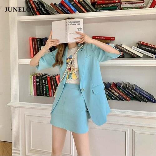 JuneLove Retro Blazer Sets Single Breasted Jacket & Pencil Skirt 2 Pieces Skirt Suits Vintage Female Office Ladies Blazer Suits