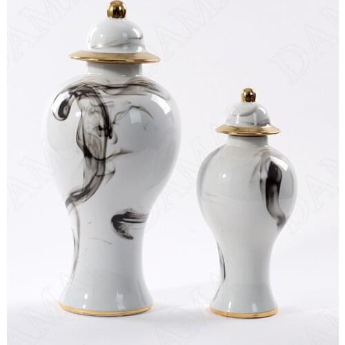 Marble Texture Ceramic Vases Golden Stroke Living Room Decor Plant Pots Restaurant Desktop Flower Vase Home Decoration Ornaments