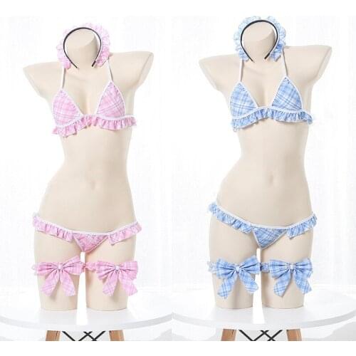 Cute Girls Maid Cosplay Bra Set Anime Three-Point Halter Suit Bikini Uniform Lolita Plaid Lotus Leaf Underwear Sexy Lingerie