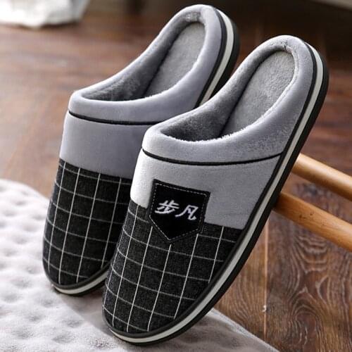 Mens Home Non-slip Gingham Slippers Winter Warm Indoor Slipper Shoes Platform Man Comfortable Fur Shoe Male Bedroom Footwear new