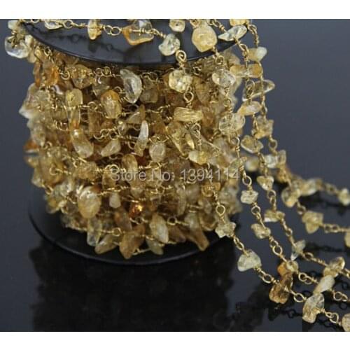 Natural Yellow Quartz Crystal Chips Beaded Chain, Wire Wrapped Chip Beads DIY Chain