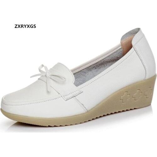 2021 New Spring White Shoes Nurse Work Shoes Sweet Bow Genuine Leather Shoes Wedges Non-slip Soft Sole Comfortable Casual Shoes