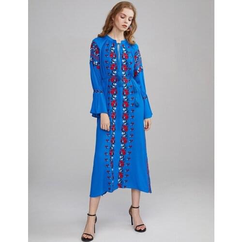 New summer holiday beach dress Bohemia Nepal Island dress ethnic loose Rose Embroidery long dress