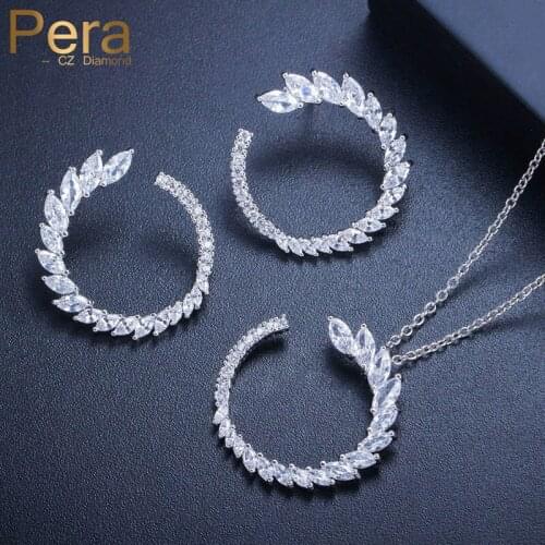 Pera Fashion Ladies Silver Color Party Jewelry Big Marquise Shape Cubic Zirconia Pendant Necklace And Earrings For Women J258