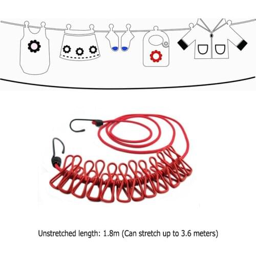 EDC GEAR Portable Travel Stretchy Clothesline Outdoor Camping Windproof Clothes Line with 12 Clamp Clip Hooks Travel Kit