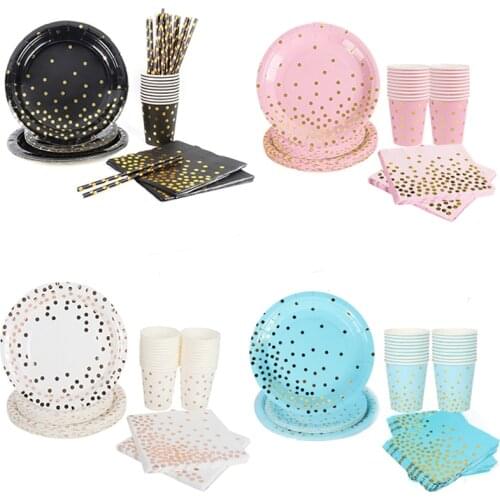 Stamping dot dinnerware champagne black pink blue birth day disposable party decorations Adult Kids paper plate cup Wedding deco