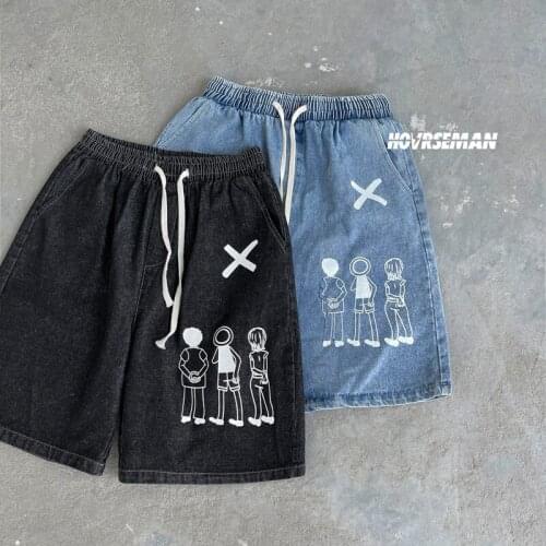 Washed Graffiti Jeans Loose Overalls Thin Five-point Pants Black Blue Casual Wide-leg Straight Denim Shorts Mele Oversize Summer