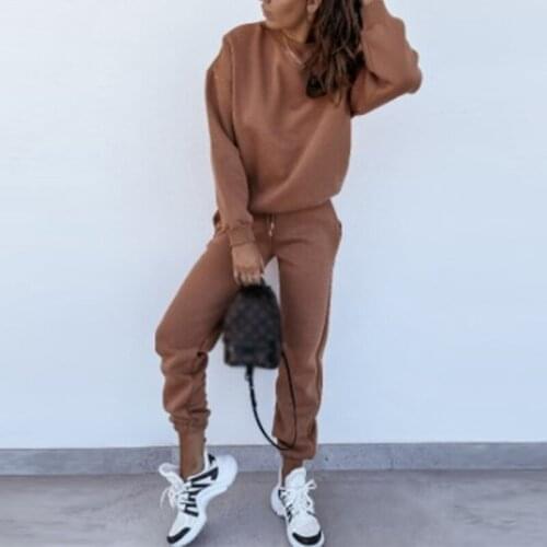 Casual Solid Two Piece Set Women Long Sleeve Pullover Sweatshirt And Drawstring Jogging Pant Suits Loose Female Sport Tracksuit