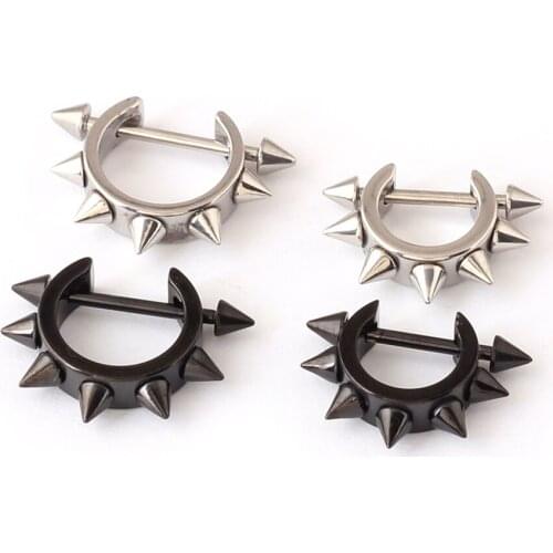 Alisouy 2pcs D-shaped Punk Rock Men women Taper Spike Rivet Ear Hoop Screw Earring 7.6mm 10.2 mm color black unisex earrings