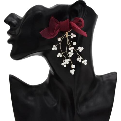 Elegant Ribbon Bowknot Drop Earrings for Women Pearl Statement Gold Dangle Earring Wedding Party Jewelry Valentines Day