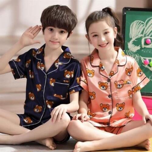 Silk Pajama 2021 Summer Children Pijamas Suit Short-Sleeved Silk Home Suit Boys Spring Thin Pajamas Satin Girls Sleepwear Set