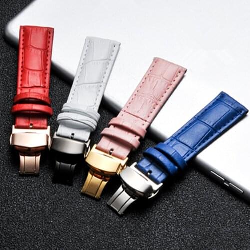 New 14 16 18 19 20mm Genuine Leather Watch Bands Replacement Butterfly Clasp Buckle Blue Crocodile Grain Strap Watchbands