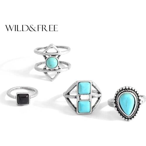 WILD&FREE Vintage Bho 4 pcs Ring Set For Women Punk Style Antique Gold Multicolor Stone Beads Turkish Knuckle Rings Party GifT