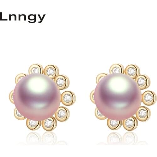 Lnngy 14K Gold Filled Earrings 6-6.5mm Natural Freshwater Pearl Flower Stud Earrings Women Party Earrings Fine Jewelry gifts
