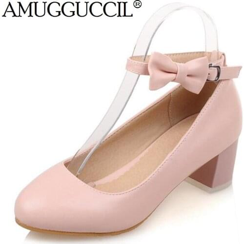 2021New Plus Big Size 31-45 White Pink Blue Buckle Bowtie Sweet Spring Autumn Girls Female Lady Women Shoes Pumps D1087