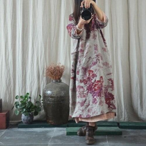 Women Print Floral Dresses Cotton Linen V-Neck Long Sleeve Autumn Robes Loose Vintage Female 2021 New Loose Dresses