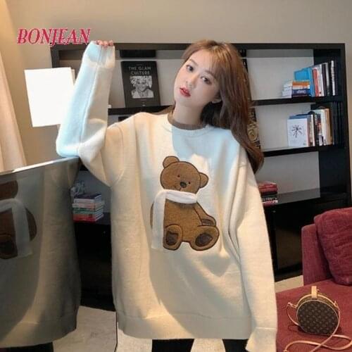 2020 Bear Scarf Sweater Korean Loose Christmas Jumper Fashion Women 2020 New Autumn and Winter Loose Oversized