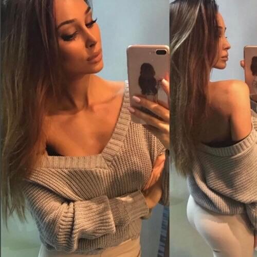 Hirgin 2017 Women Sweater Long Sleeve Dark V-Neck Loose Warm Knitted Ladies Casual Jumper Tops Fashion Brown Color Sexy Clothing