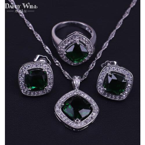 Dubai style silver color jewelry set earrings rings necklace set for women bridal jewelry green stone&cubic zircon