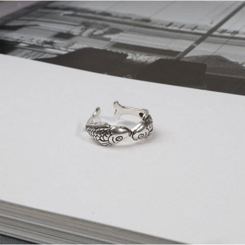 ANENJERY 925 Sterling Silver Vintage Fashion Kissing Fish Opening Rings For Women Hipster Ring Thai Silver Jewelry S-R266