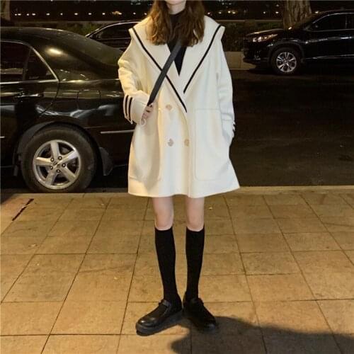 2020 fall/winter new imitation mink woolen coat mid-length loose and thin navy large lapel jacket womens jacket
