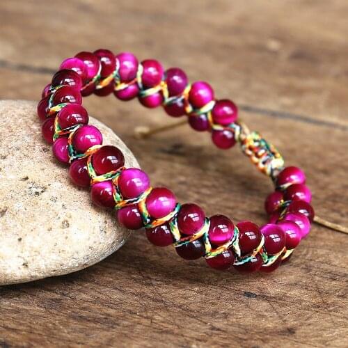 6mm Rose Red Tiger Eye Stone Beads Braided Bracelet Double layer Women Friendship Strand Charm Bracelet Handmade Jewelry