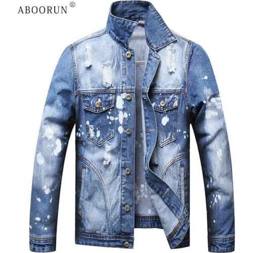 ABOORUN Mens Fashion Hand Painted Denim Jackets Hi Street Ripped Hole Jean Coat Streetwear for Male