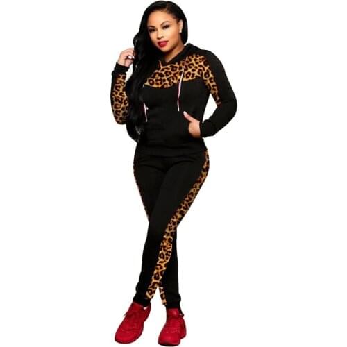 Adogirl Leopard Print Patchwork Women Tracksuit Fashion Casual Two Piece Set