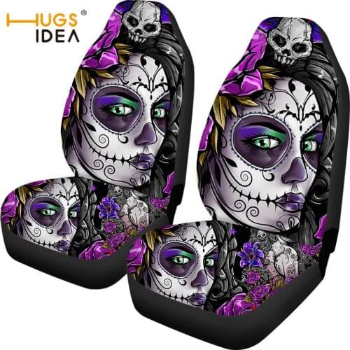HUGSIDEA Sugar Skull Print Car Seat Covers Washable Universal 2pc Front Car Seat Cover Protectors for Most Car Truck SUV Van