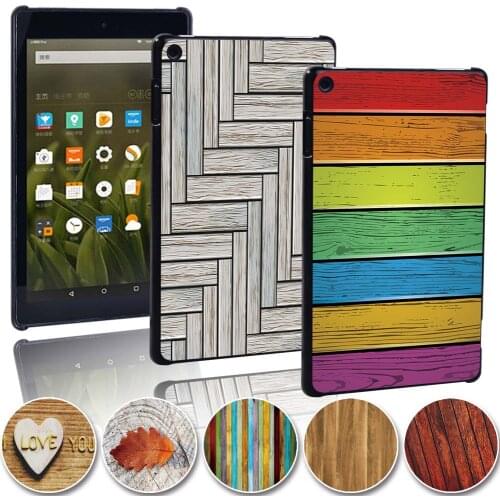 Printed Wood Tablet Shell Cover Case for Amazon Fire 7/Fire HD 8/Fire HD 10 Anti-Dust Protective Shell + Pen