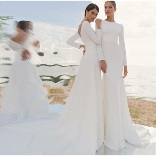 Elegant Long Sleeve Mermaid Wedding Dresses Button Back Stretchy Satin Robes De Mariée Bridal Gown For Women