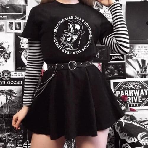 Kuakuayu HJN Skull Emotionally Dead Inside Print Punk Gothic T Shirt Tumblr Streetwear Tees Women Grunge Goth Cute Aesthetic