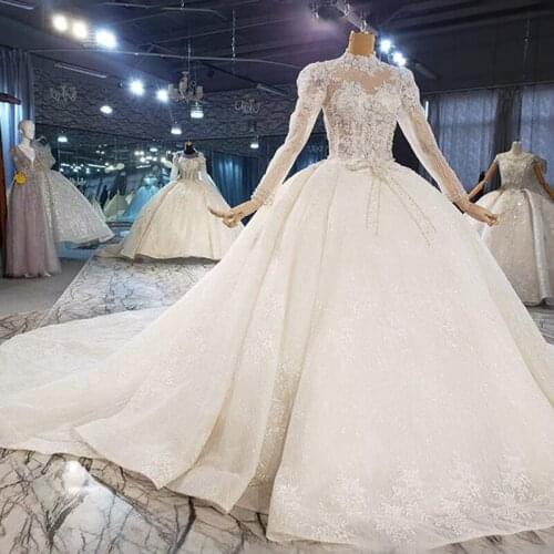 HTL2082 Long Sleeve Luxurious Sexy V-Neck Crystal Beading Sequined Wedding Dress 2021 For Woman Ball Gowns