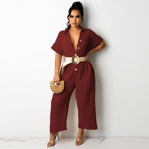 Classic Womens Solid Loose Rompers Jumpsuit Turn Down Collar Short Sleeve Straight Bodysuit Elegant Button Up Loose Overalls