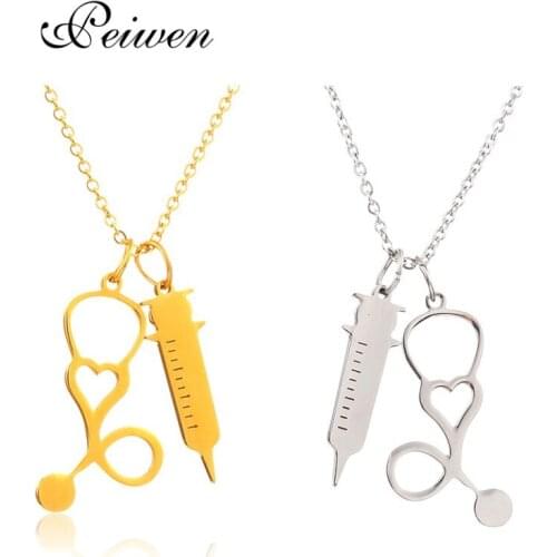 Medical Stethoscope Syringe Pendant Necklace For Nurse/Doctor Heart Collar Gold Silver Color Stainless Steel Necklace Jewelry