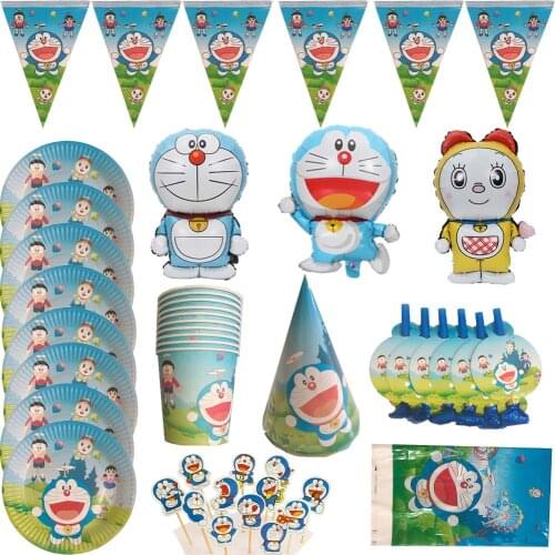 Cartoon Anime Doraemon Theme Party Decoration Tableware Paper Cup Plate Hat Cake Flag Baby Shower Balloon Kids Birthday Supplies